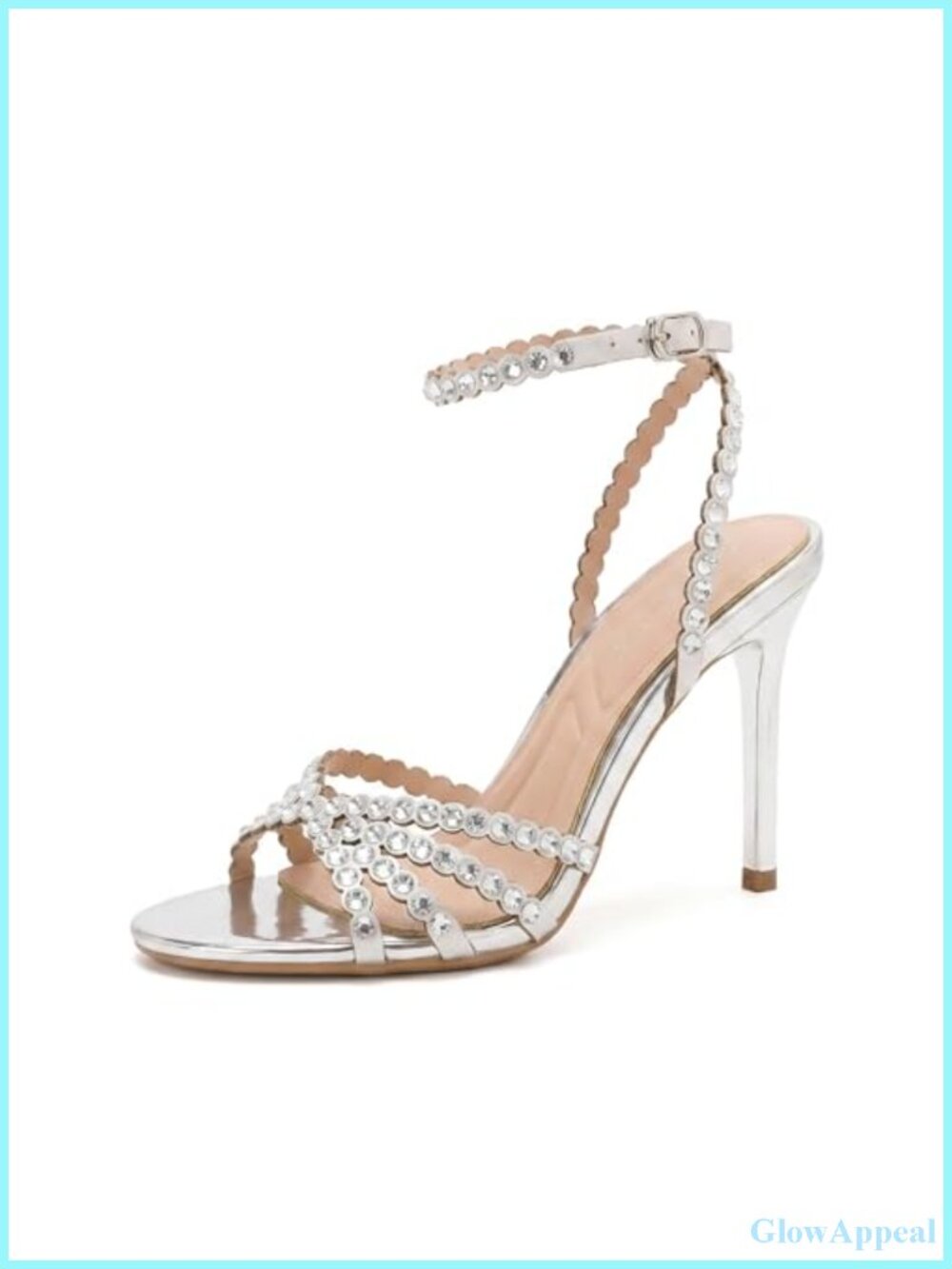 Metallic Strappy High Heeled Sandals Rhinestone Ankle Strap Open Toe Stiletto